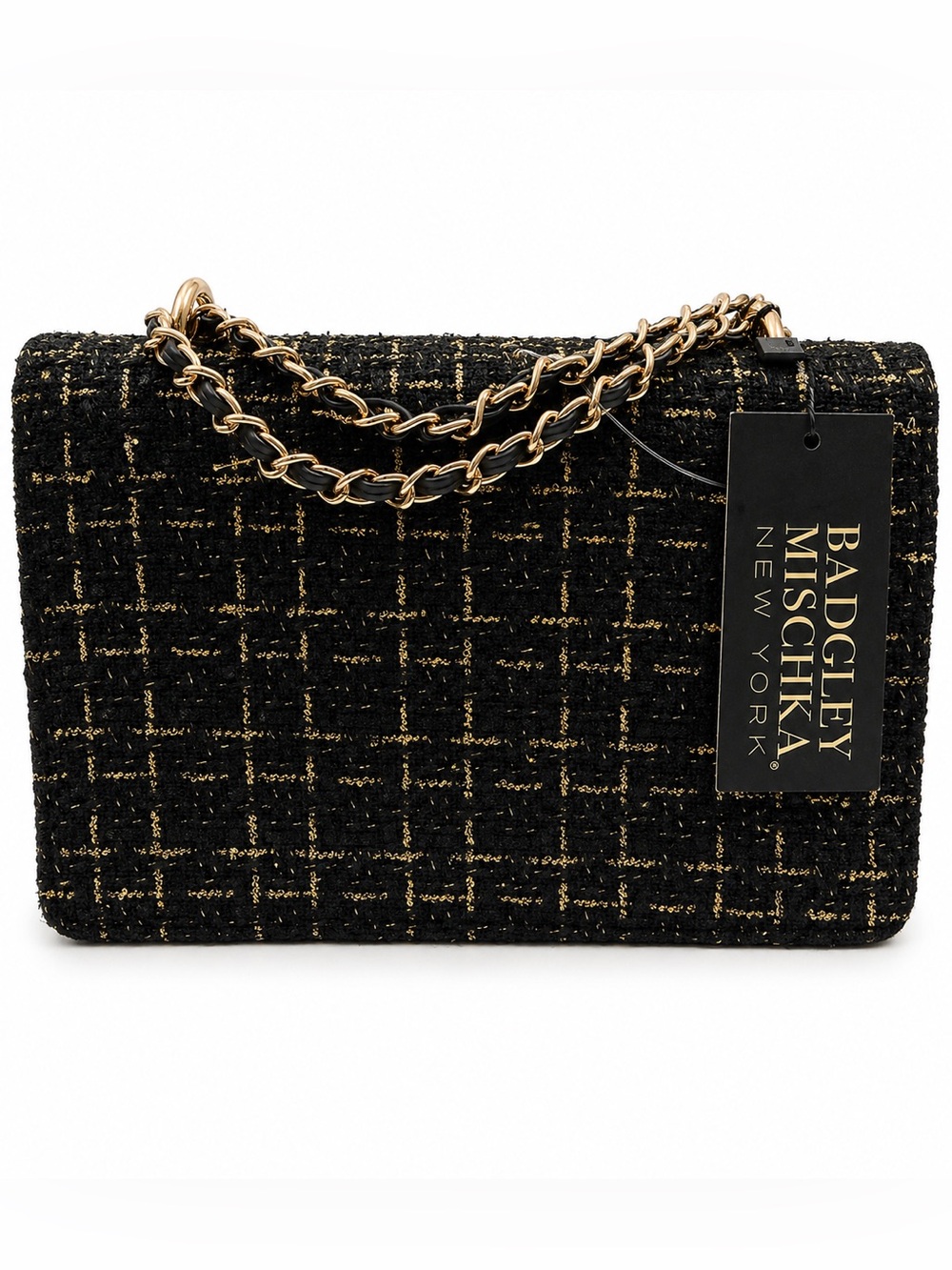 NWT Badgley Mischka Black Tweed Crossbody with Gold Chain - Picture 2 of 4